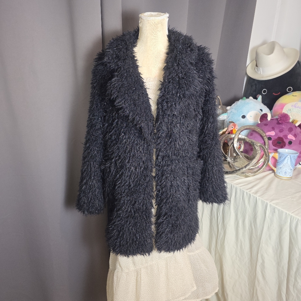 G by GUESS Black Shaggy Faux Fur Coat Women Small Plush Long Pile Jacket S 20250